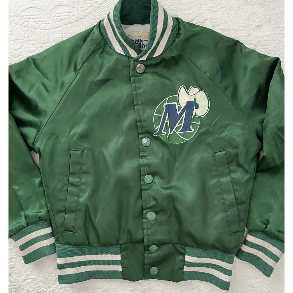 Vintage DALLAS MAVERICKS Chalk Line 80s Spell Out Satin Bomber Jacket Kids 6/8